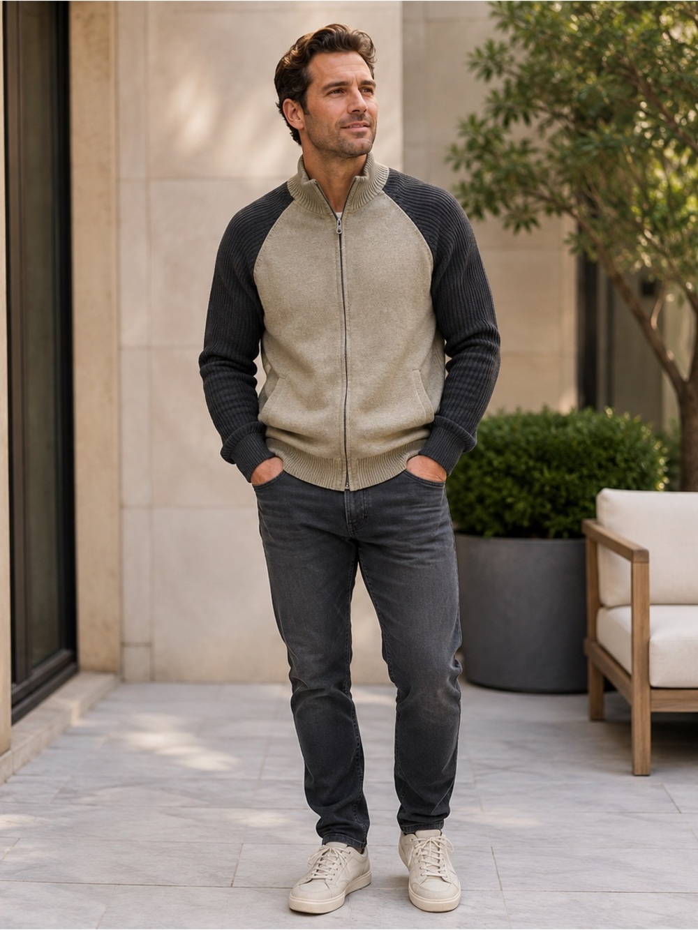 Carbon2Cobalt Men’s L Fleece Lined Full Zip Sweater Jacket Tan Gray Colorblock